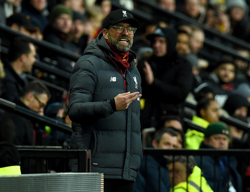 WATFORD, ENGLAND - FEBRUARY 29: (THE SUN OUT, THE SUN ON SUNDAY OUT) Jurgen Klopp manager of Liverpool during the Premier League match between Watford FC and Liverpool FC at Vicarage Road on February 29, 2020 in Watford, United Kingdom. (Photo by John Powell/Liverpool FC via Getty Images)