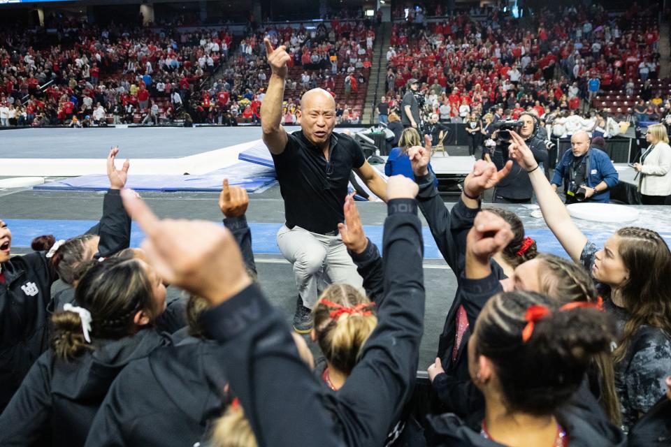 Utah’s head coach Tom Farden leads the team in a chant after winning the Pac-12 championships at the Maverik Center in West Valley City on March 18, 2023. | Ryan Sun, Deseret News