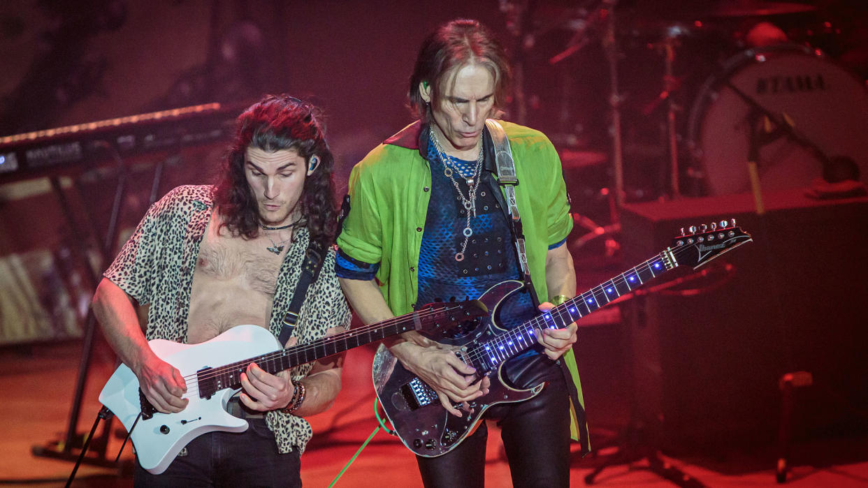  Dante Frisiello and Steve Vai onstage in Milan, Italy in 2023 