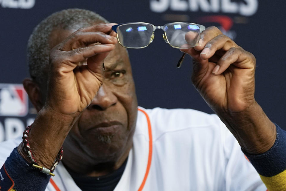 Houston Astros manager Dusty Baker Jr. ahead of Game 1 of the baseball World Series between the Houston Astros and the Philadelphia Phillies on Thursday, Oct. 27, 2022, in Houston. Game 1 of the series starts Friday. (AP Photo/Eric Gay)