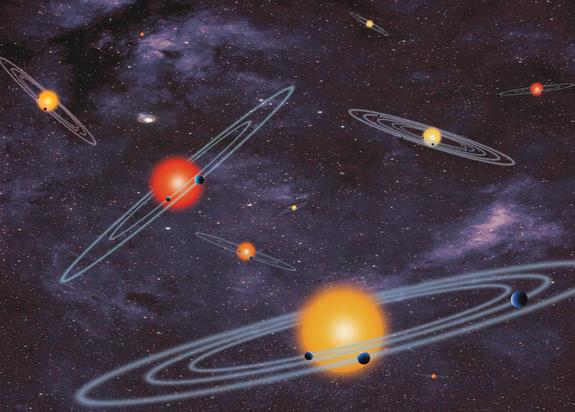 This NASA artist concept depicts multiple-transiting planet systems, which are stars with more than one planet. The planets eclipse or transit their host star from the vantage point of the observer. This angle is called edge-on.