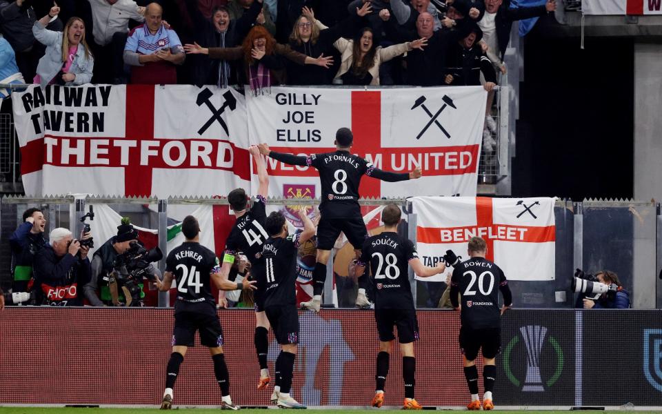 Pablo Fornals of West Ham celebrates scoring the winner against AZ Alkmaar with West Ham fans - Soccrates/Getty Images/Angelo Blankespoor