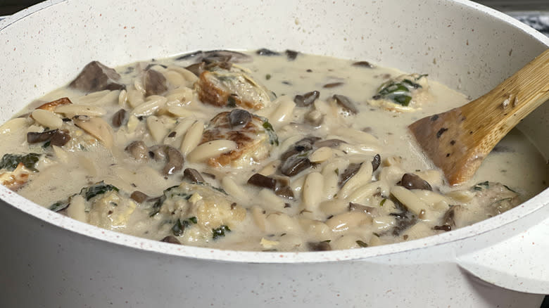 mushroom soup in white pot
