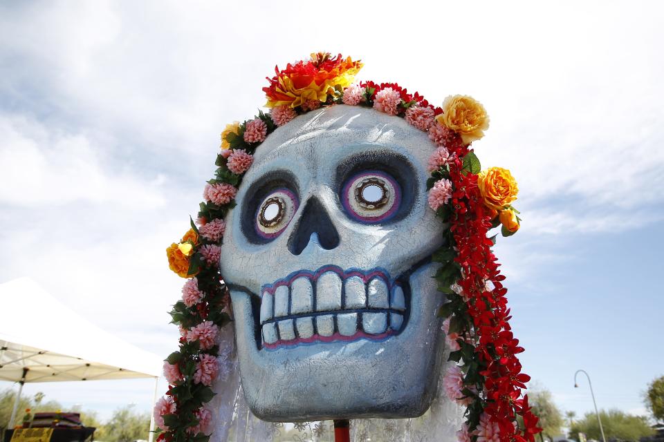 Decorated "Flaca" head at Dia de Los Muertos in Steele Indian School Park