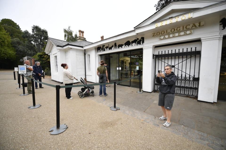 Les visiteurs attendent à l'entrée des jardins du zoo de Bristol lors de son dernier jour d'ouverture au public (Beresford Hodge / PA) (PA Wire)