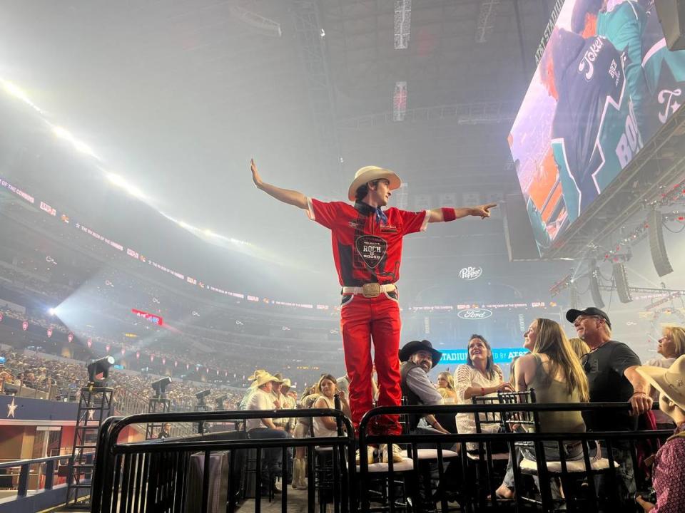 PBR’s Rodeo clown entertaining the audience in between events, at AT&T Stadium in Arlington, Texas on May 17, 2024.