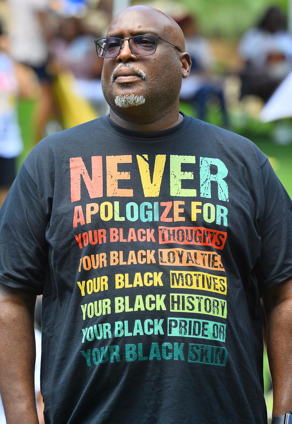 The Juneteenth GVL Mega Fest took place in Falls Park on June 18. The event is free for the entire family and  featured a day full of cultural and live performances from local bands. Kevin Seymour of Columbia wore this shirt to the event. 