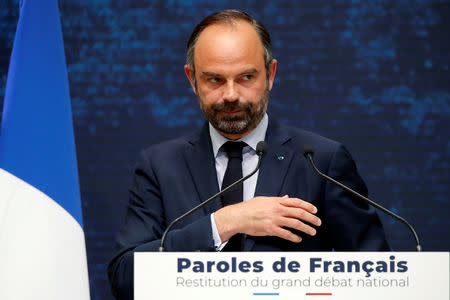 French Prime Minister Edouard Philippe leaves after his speech during the presentation of the "Great National Debate" findings, called to quell the anger of French "yellow vests" movement, at the Grand Palais in Paris, France, April 8, 2019. REUTERS/Charles Platiau