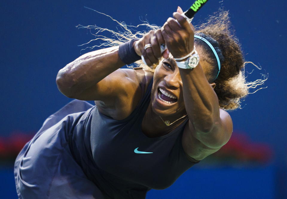 Serena Williams, of the United States, watches a return to Elise Mertens, of Belgium, during the Rogers Cup women’s tennis tournament Wednesday, Aug. 7, 2019, in Toronto. (Mark Blinch/The Canadian Press via AP)