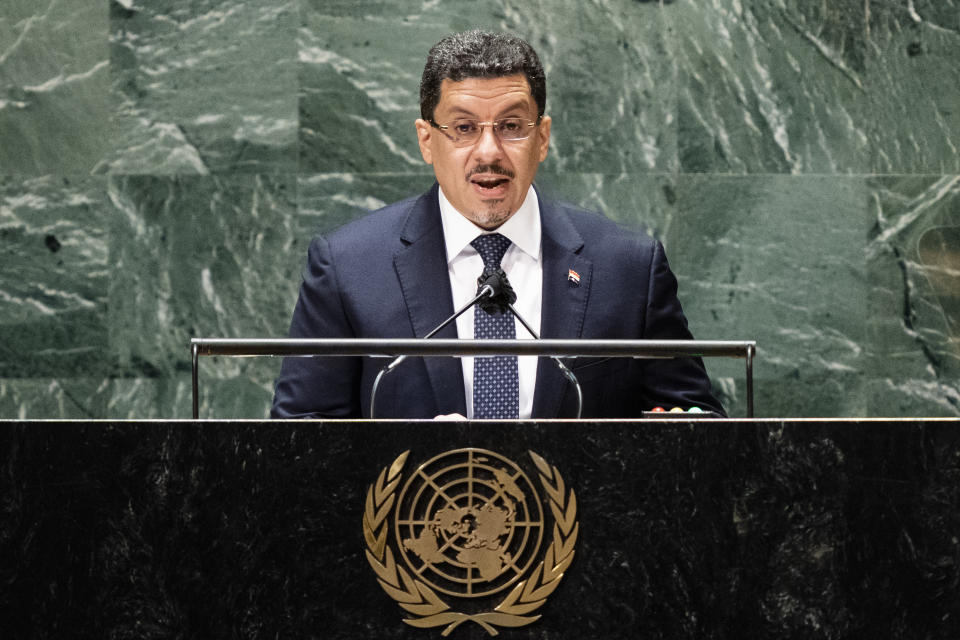 Yemen's foreign minister Ahmad Awad bin Mubarak the 76th Session of the United Nations General Assembly, Monday, Sept. 27, 2021, at U.N. headquarters. (AP Photo/John Minchillo, Pool)