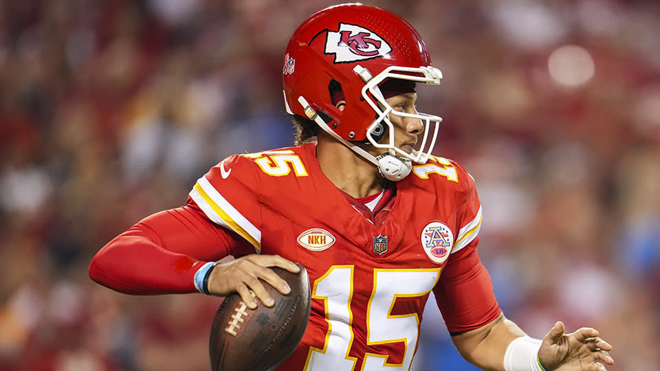 KANSAS CITY, MO - SEPTEMBER 07: Patrick Mahomes #15 of the Kansas City Chiefs looks to throw the ball during at GEHA Field at Arrowhead Stadium on September 7, 2023 in Kansas City, Missouri. (Photo by Cooper Neill/Getty Images)