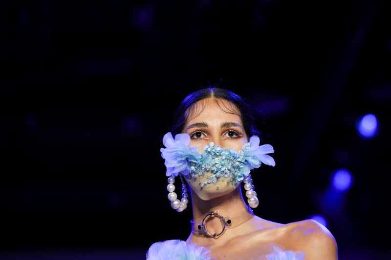 A model presents a creation from the Blonds Fall 2020 collection during New York Fashion Week