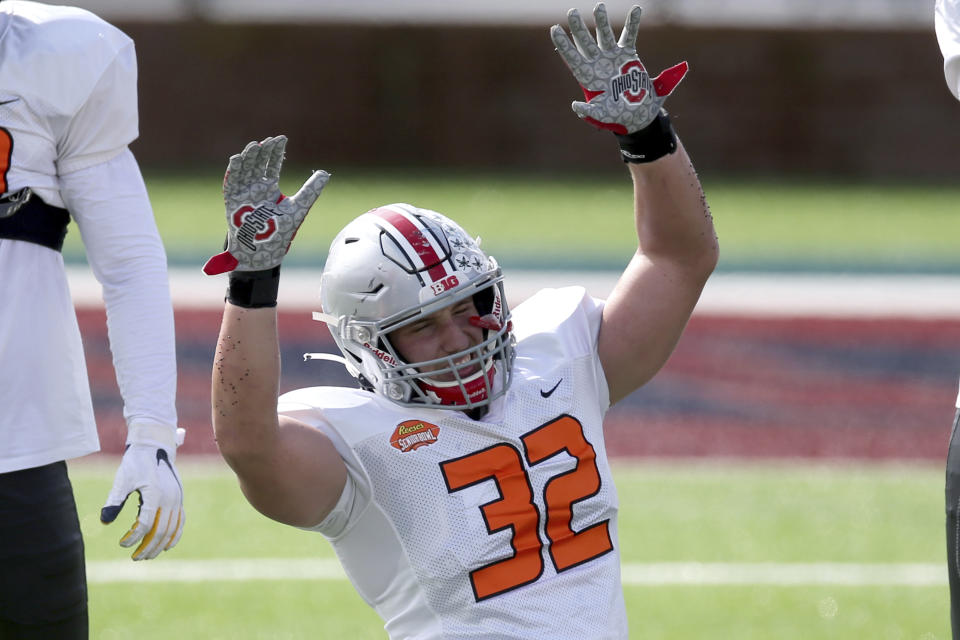 National Team linebacker Tuf Borland of Ohio State is trying to win over scouts with his smarts and hustle. (AP Photo/Rusty Costanza)