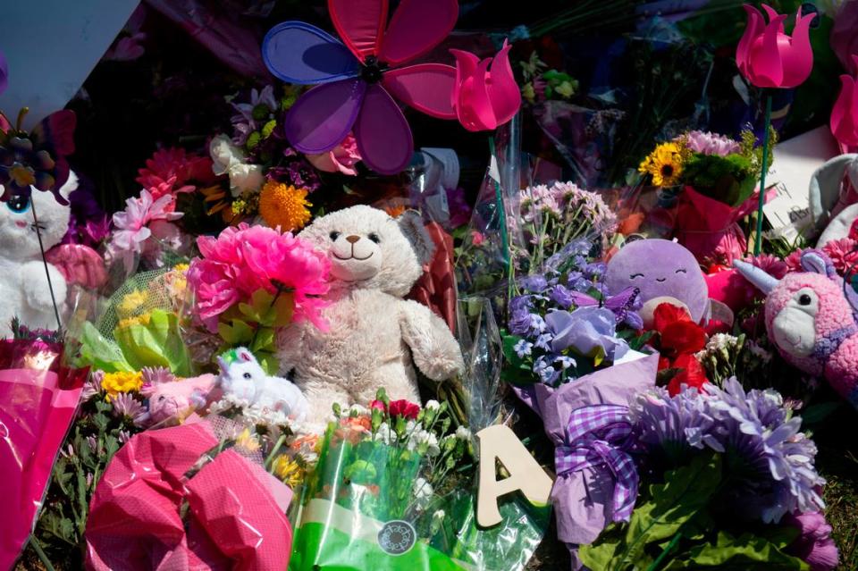 Flowers and toys are left outside the Ocean Springs Middle School in Ocean Springs on Thursday, Sept. 7, 2023, in memory of Aubreigh Wyatt, who died unexpectedly last week. Hannah Ruhoff/Sun Herald