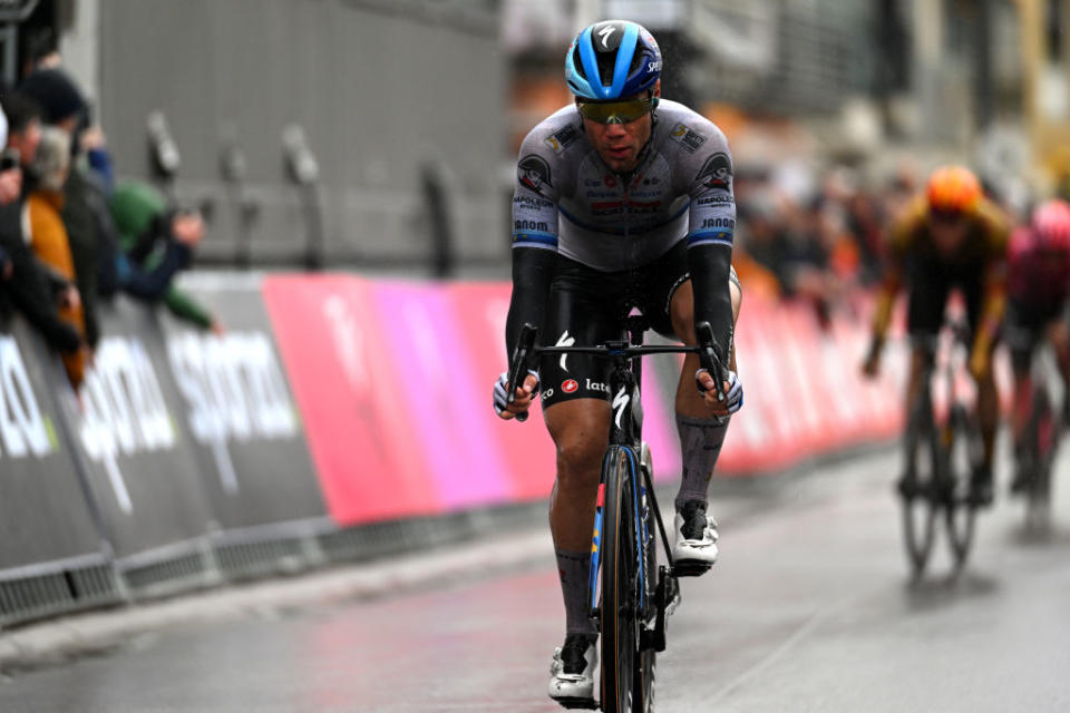 DE PANNE BELGIUM  MARCH 22 Fabio Jakobsen of The Netherlands and Team Soudal  Quick Step crosses the finish line during the 47th Minerva Classic Brugge  De Panne 2023 a 211km one day race from Brugge to De Panne on March 22 2023 in De Panne Belgium Photo by Luc ClaessenGetty Images