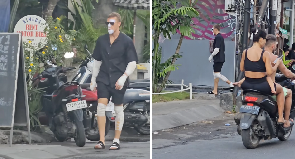 The man wearing black clothes with white bandages on his body (left) and a further away shot with a motorbike travelling past with two adults and a baby on board (right). 