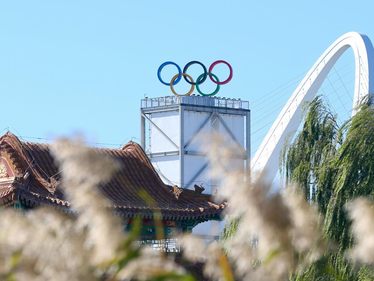 The Olympic rings beside the Big Air Shougang, a venue of Beijing 2022 Winter Olympics.