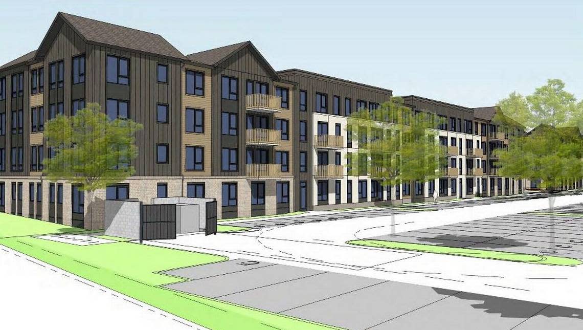 The Boise Planning & Zoning Commission greenlit a land rezone and height exception on Aug. 14 for a proposed 138-unit complex at 11880 W. Overland Road in Boise. The view looks north in this rendering of the 4-story complex.