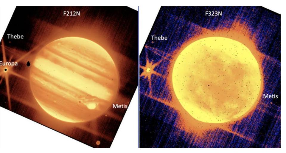 side by side images of jupiter and its moon in different infrared wavelengths one orange showing jupiters bands one bright yellow