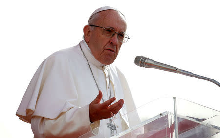 Pope Francis speaks to the faithful during his pastoral visit in Pietrelcina, Italy March 17, 2018. REUTERS/Ciro De Luca