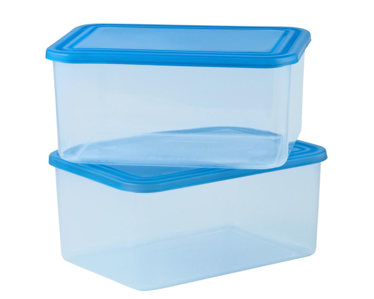 Two large rectangular plastic food containers with blue lids stacked on a white background