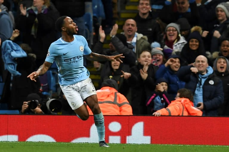 Manchester City's midfielder Raheem Sterling celebrates scoring the opening goal during the UEFA Champions League Group F football match against Feyenoord November 21, 2017