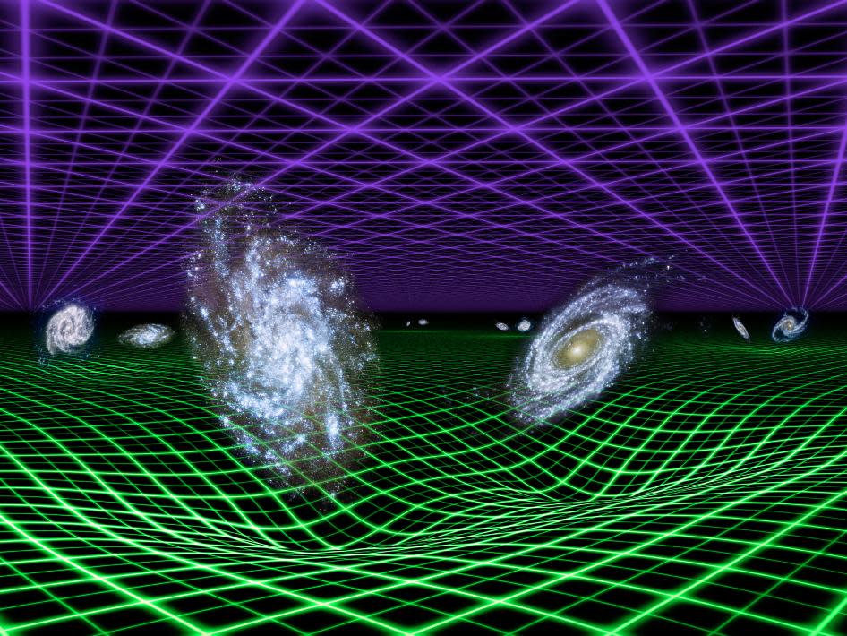 Astronomers think the universe's expansion is controlled by both gravity and a mysterious dark energy.  In this artist's conception, dark energy is represented by the purple grid above it, and gravity by the green grid below it.