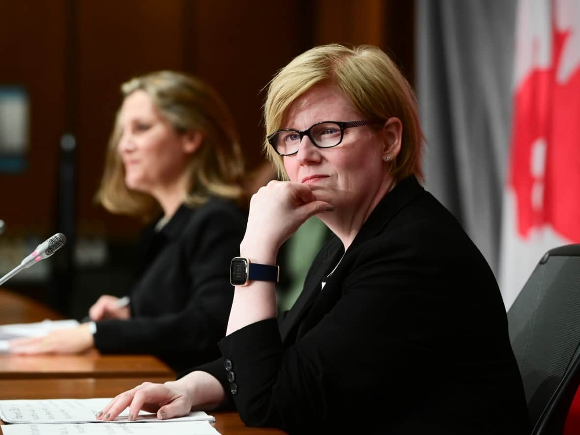 Minister of Finance Chrystia Freeland and Minister of Employment, Workforce Development and Disability Inclusion Carla Qualtrough hold a press conference on Parliament Hill in Ottawa on Thursday, Sept. 24, 2020. (Sean Kilpatrick/The Canadian Press - image credit)