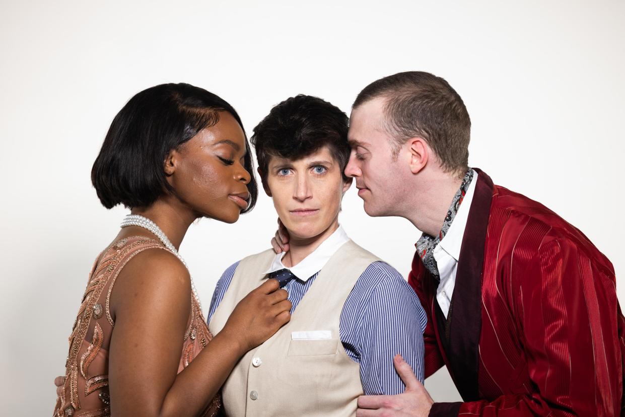 From left, MarHadoo Effeh as Olivia, Livy Scanlon as Viola and Robert St. Laurence as Orsino in the The Hanover Theatre Repertory "Twelfth Night" at the BrickBox Theater in Worcester.