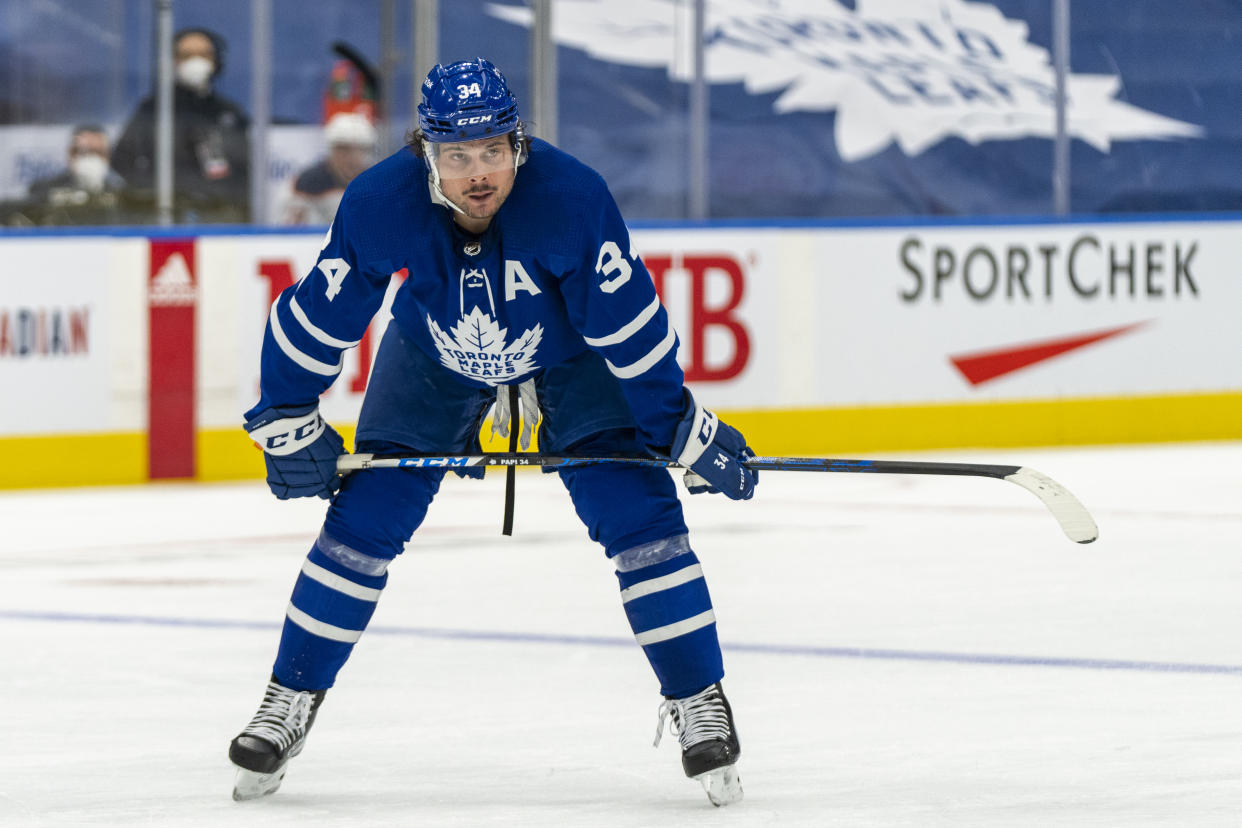 TORONTO, ON - JANUARY 5: Auston Matthews #34 of the Toronto Maple Leafs looks on against the Edmonton Oilers during the second period at the Scotiabank Arena on January 5, 2022 in Toronto, Ontario, Canada. (Photo by Kevin Sousa/NHLI via Getty Images)