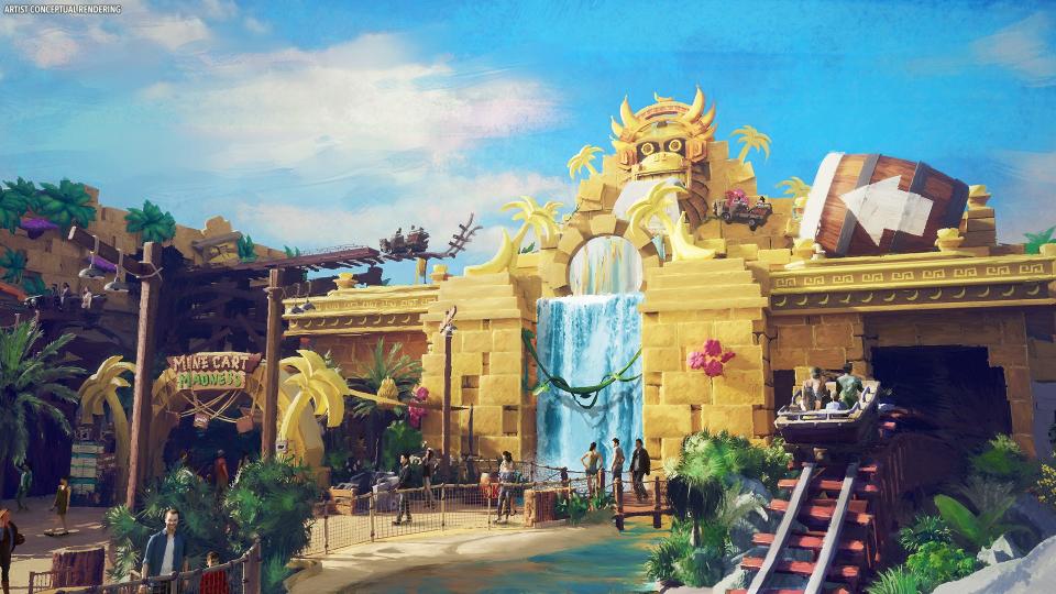 "Guests will hop into a mine cart and careen through the jungle to help Donkey Kong and Diddy Kong protect the coveted golden banana" on Mine-Cart Madness, which Universal describes as a "first-of-its-kind family coaster."