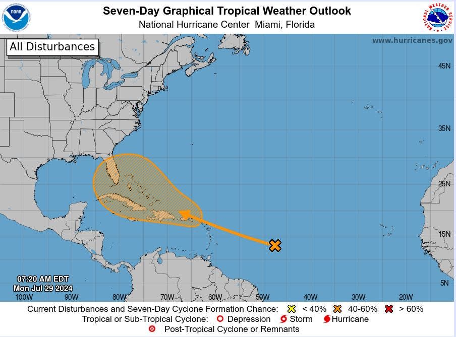 The National Hurricane Center is giving a disturbance in the tropical central Atlantic a 50% chance of formation over the next seven days.