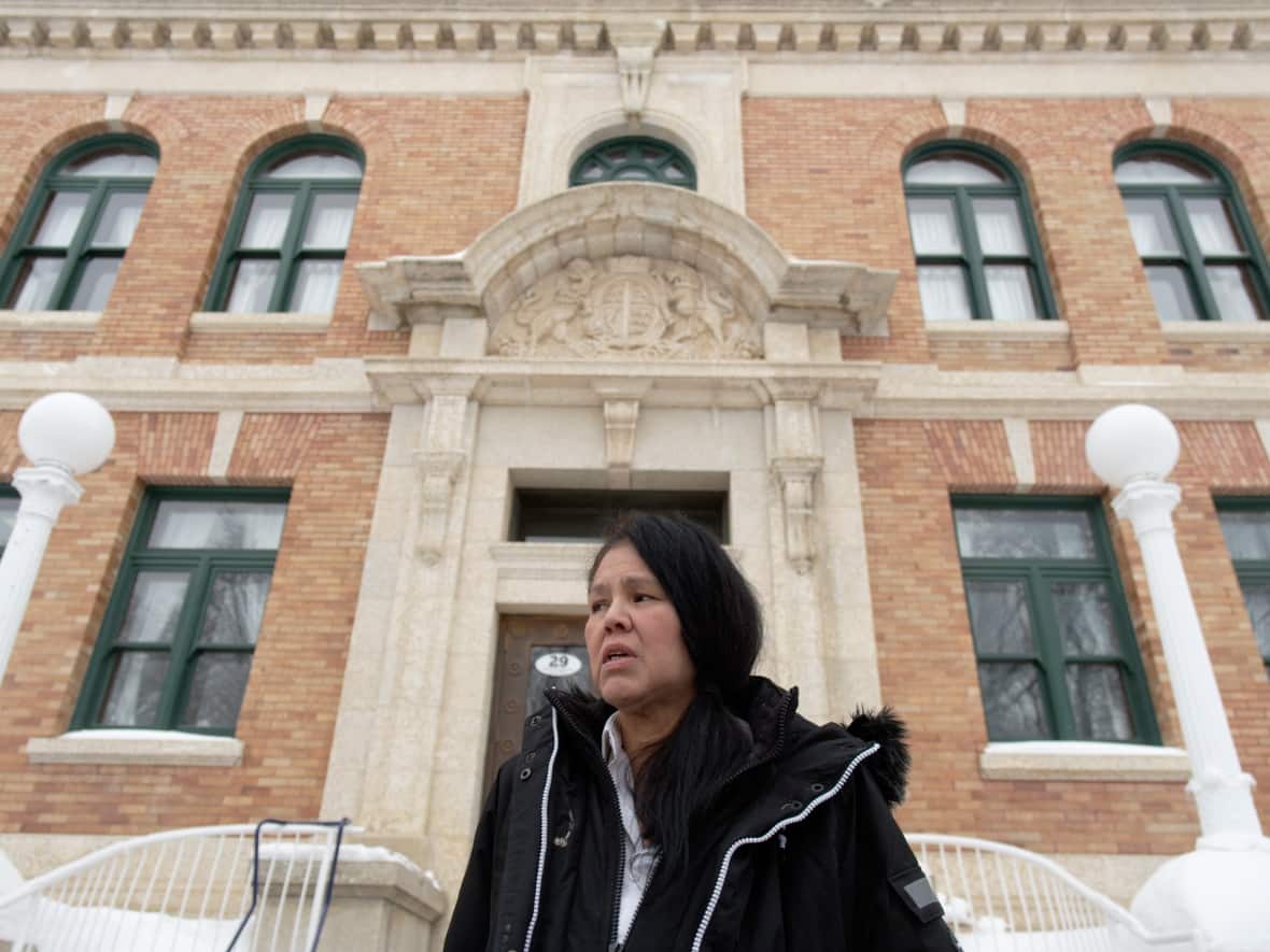 Odelia Quewezance speaks to media outside the Court of King’s Bench in Yorkton, Sask., on Tuesday. (Michael Bell/The Canadian Press - image credit)