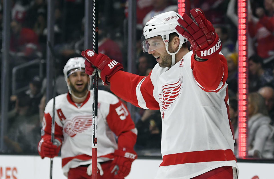 FILE - In this Jan. 5, 2017, file photo, Detroit Red Wings left wing Thomas Vanek, right, of Austria, celebrates his goal during the first period of an NHL hockey game against the Los Angeles Kings in Los Angeles. The struggling Red Wings dealt Vanek to the Florida Panthers on Wednesday, March 1, 2017. (AP Photo/Mark J. Terrill, File)