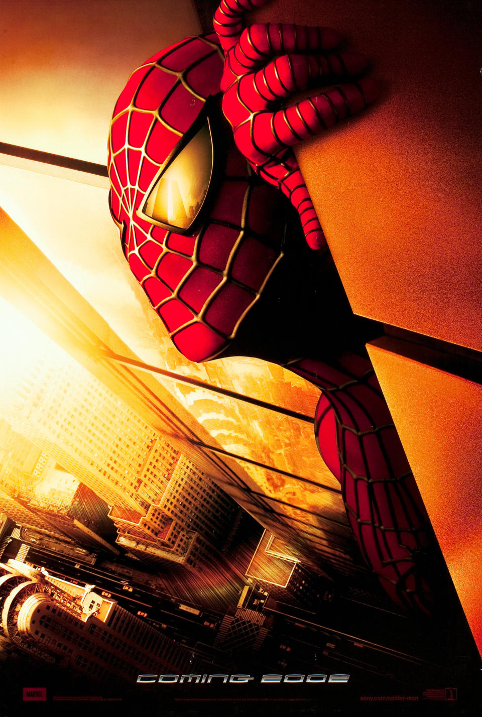 You can see the Twin Towers reflected in the lens of Spider-Man's costume. (Sony Pictures)