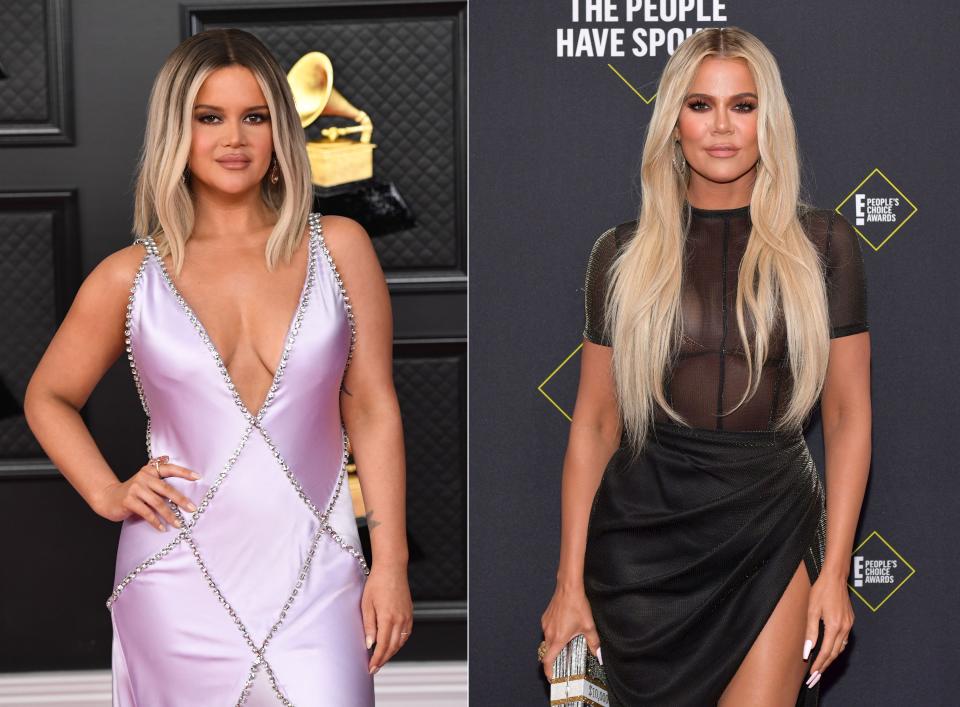 Ließ sich Maren Morris (links) für ihren Auftritt bei den diesjährigen Grammy Awards von Khloé Kardashian inspirieren? (Bilder: Phil McCarten/CBS via Getty Images; Rodin Eckenroth/WireImages)