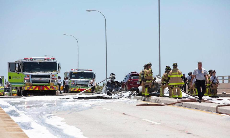A scene of a small plain crash on the Herman B. Fultz Bridge over the Haulover inlet, Saturday, May 14, 2022.