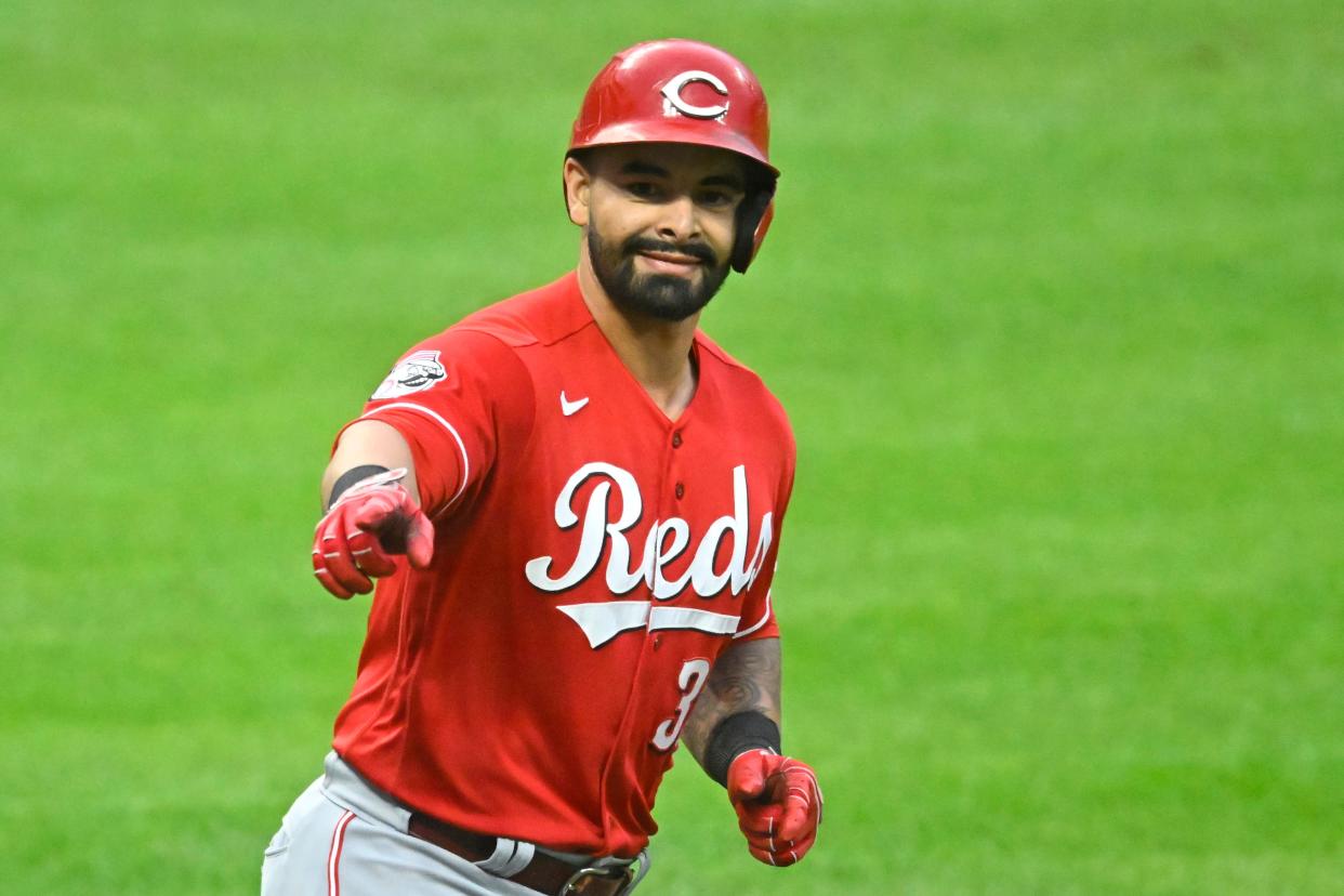 Sep 26, 2023; Cleveland, Ohio, USA; Cincinnati Reds first baseman Christian Encarnacion-Strand (33) celebrates his two-run home run in the third inning against the Cleveland Guardians at Progressive Field.