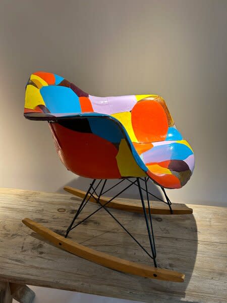 New York abstract artist Jim Oliveira’s painted Eames rocking armchair