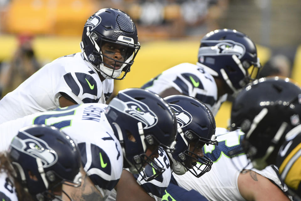 Seattle Seahawks quarterback Geno Smith (7) will get the start against the Chicago Bears in an NFL preseason game on Thursday night.  (AP Photo/Barry Reeger)