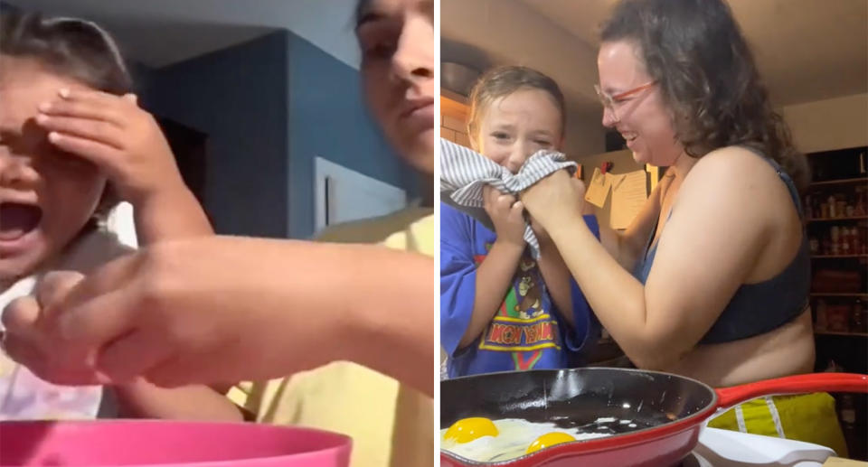 Parents pranking their children by cracking an egg on the forehead as part of a TikTok challenge