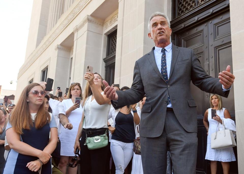 FILE - Attorney Robert F. Kennedy, Jr. speaks after a hearing challenging the constitutionality of the state legislature's repeal of the religious exemption to vaccination on behalf of New York state families who held lawful religious exemptions, during a rally outside the Albany County Courthouse Aug. 14, 2019, in Albany, N.Y. Instagram and Facebook have suspended Children's Health Defense from its platforms for repeated violations of its policies on COVID-19 misinformation. The nonprofit led by Robert Kennedy Jr. is regularly criticized by public health advocates for its misleading claims about vaccines and the COVID-19 pandemic. (AP Photo/Hans Pennink, File)