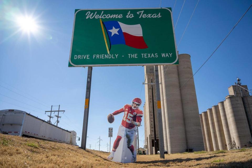 A life-size cutout featuring Kansas City Chiefs quarterback Patrick Mahomes stands next to a Texas welcome sign on Monday, Feb. 5, 2024, in Goodwell, Texas. The cutout is part of The Kansas City Star Kingdom Road Trip en route to Super Bowl LVIII in Las Vegas.