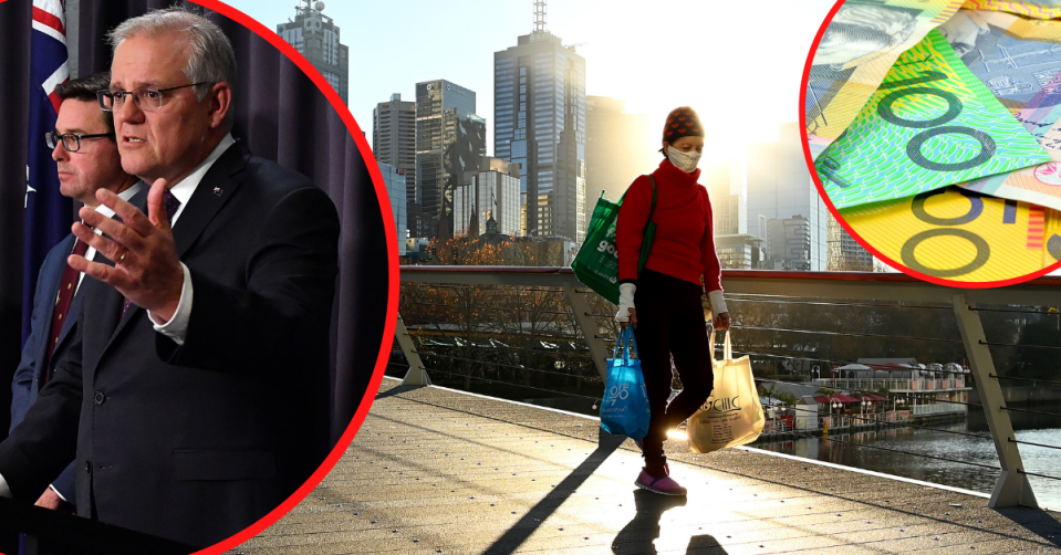 Prime Minister Scott Morrison speaks at a press conference. A lone person wearing a mask in Melbourne's CBD. Australian currency in $100 and $50 notes.