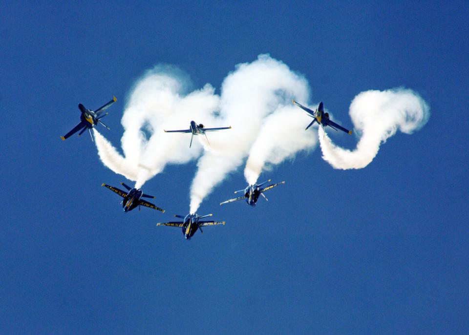 The U.S. Navy flight demonstration squadron, the Blue Angels, perform the Loop Break Cross maneuver at the Guardians of Freedom Air Show on the 10th anniversary of the Sept. 11, 2001 terrorist attacks. The Blue Angels performed in Lincoln as part of the 2011 show season and in celebration of the Centennial of Naval Aviation