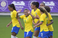 Brazil forward Debinha (9) celebrates after scoring a goal during the second half of a SheBelieves Cup women's soccer match against Argentina, Thursday, Feb. 18, 2021, in Orlando, Fla. (AP Photo/Phelan M. Ebenhack)