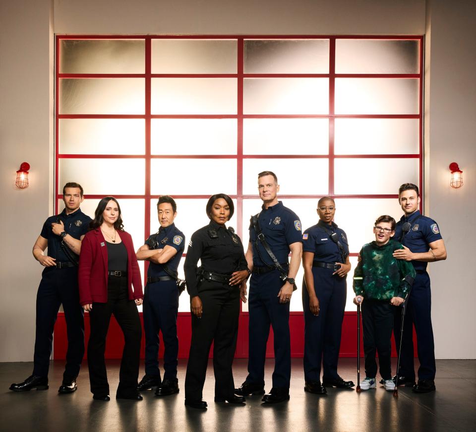 ABC's '9-1-1' stars Oliver Stark as Evan "Buck" Buckley, Jennifer Love Hewitt as Maddie Kendall, Kenneth Choi as Howie "Chimney" Han, Angela Bassett as Athena Grant, Peter Krause as Bobby Nash, Aisha Hinds as Henrietta "Hen" Wilson, Gavin McHugh as Christopher Diaz, and Ryan Guzman as Eddie Diaz.