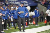 Indianapolis Colts head coach Frank Reich looks on during the first half of an NFL football game against the Tampa Bay Buccaneers, Sunday, Nov. 28, 2021, in Indianapolis. (AP Photo/AJ Mast)