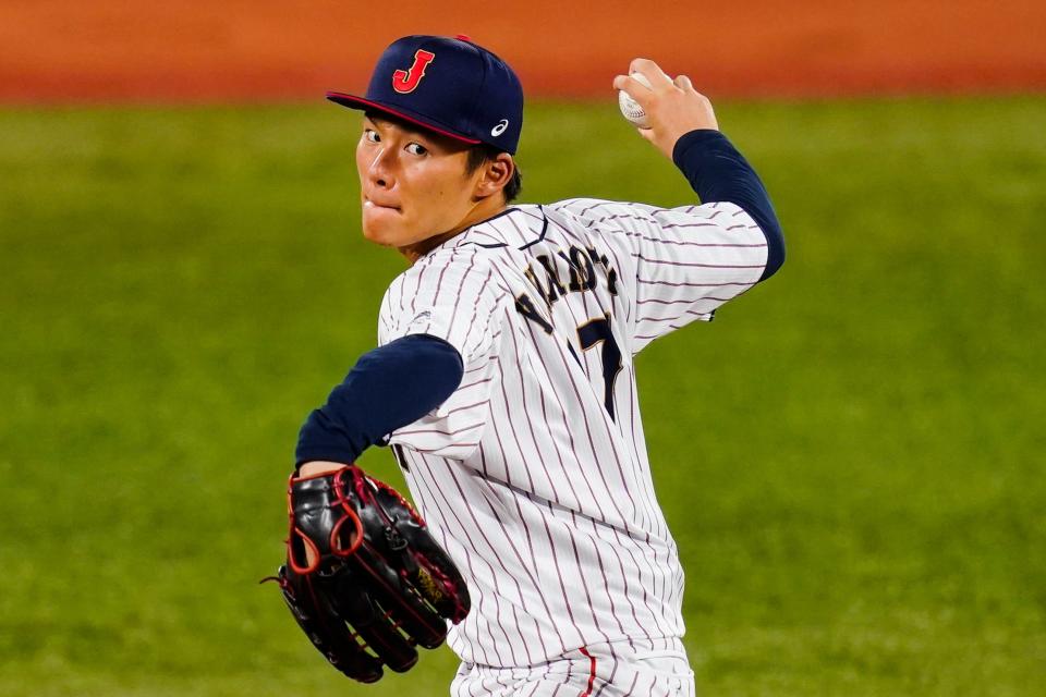 Japan's Yoshinobu Yamamoto pitches during the during a semi-final baseball game against South Korea at the 2020 Summer Olympics, Wednesday, Aug. 4, 2021, in Yokohama, Japan. (AP Photo/Matt Slocum)