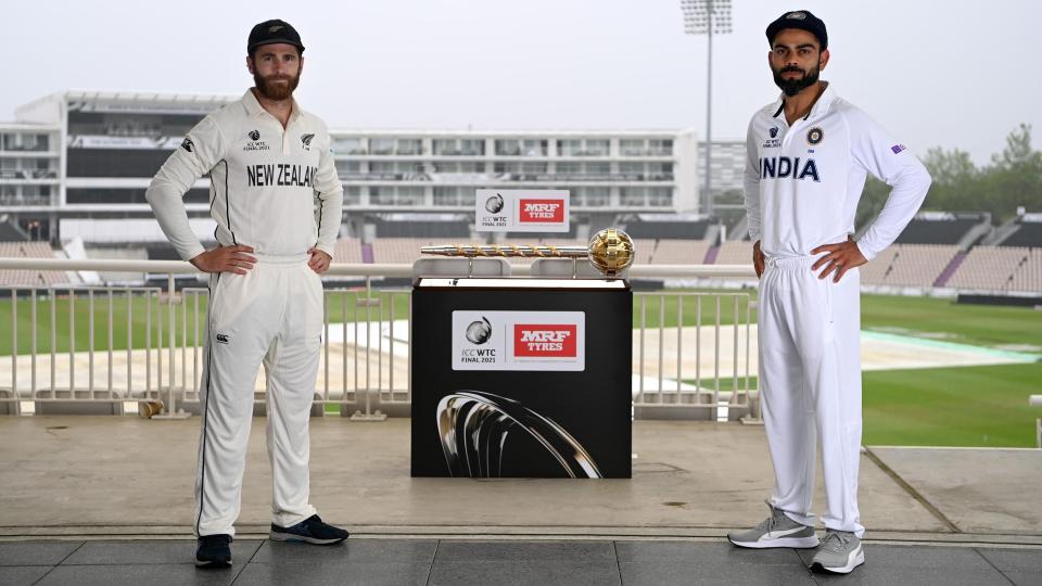 <div class="paragraphs"><p>Virat Kohli and Kane Williamson stand with ICC Test Mace before the WTC Final. </p></div>